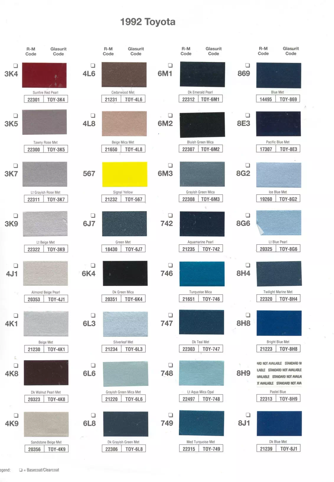 1992 Toyota Paint Codes and Color Chart Toyota and lexus vehicle paint codes for exterior cars, ordering codes and color shades