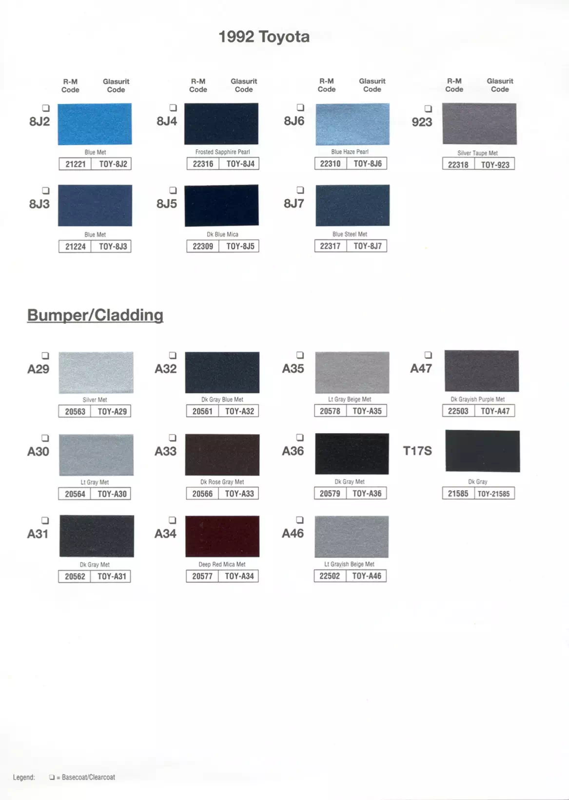 1992 Toyota Paint Codes and Color Chart Toyota and lexus vehicle paint codes for exterior cars, ordering codes and color shades