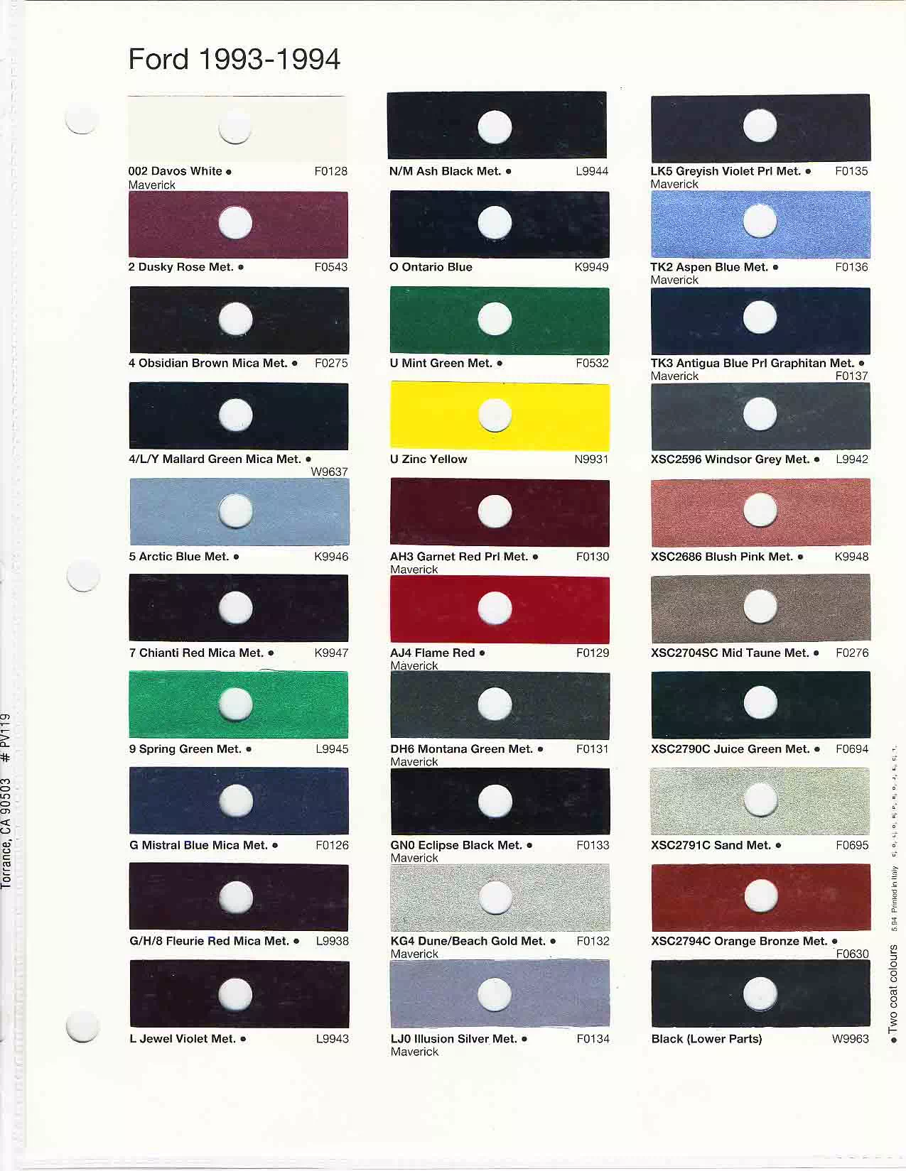 1993 Ford Motor Company Paint Chart and Color Codes Ford, Lincoln, and Mercury, paint code swatches ( color examples ) oem paint codes and mixing stock numbers for those colors.