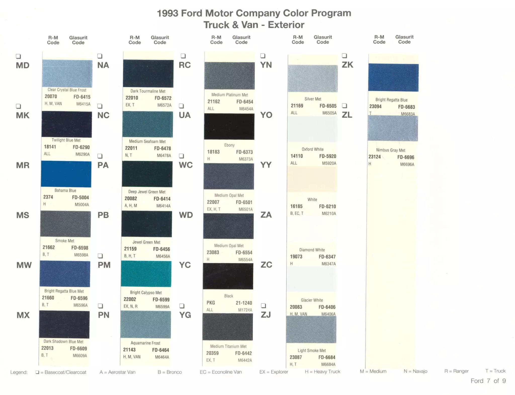 1993 Ford Motor Company Paint Chart and Color Codes