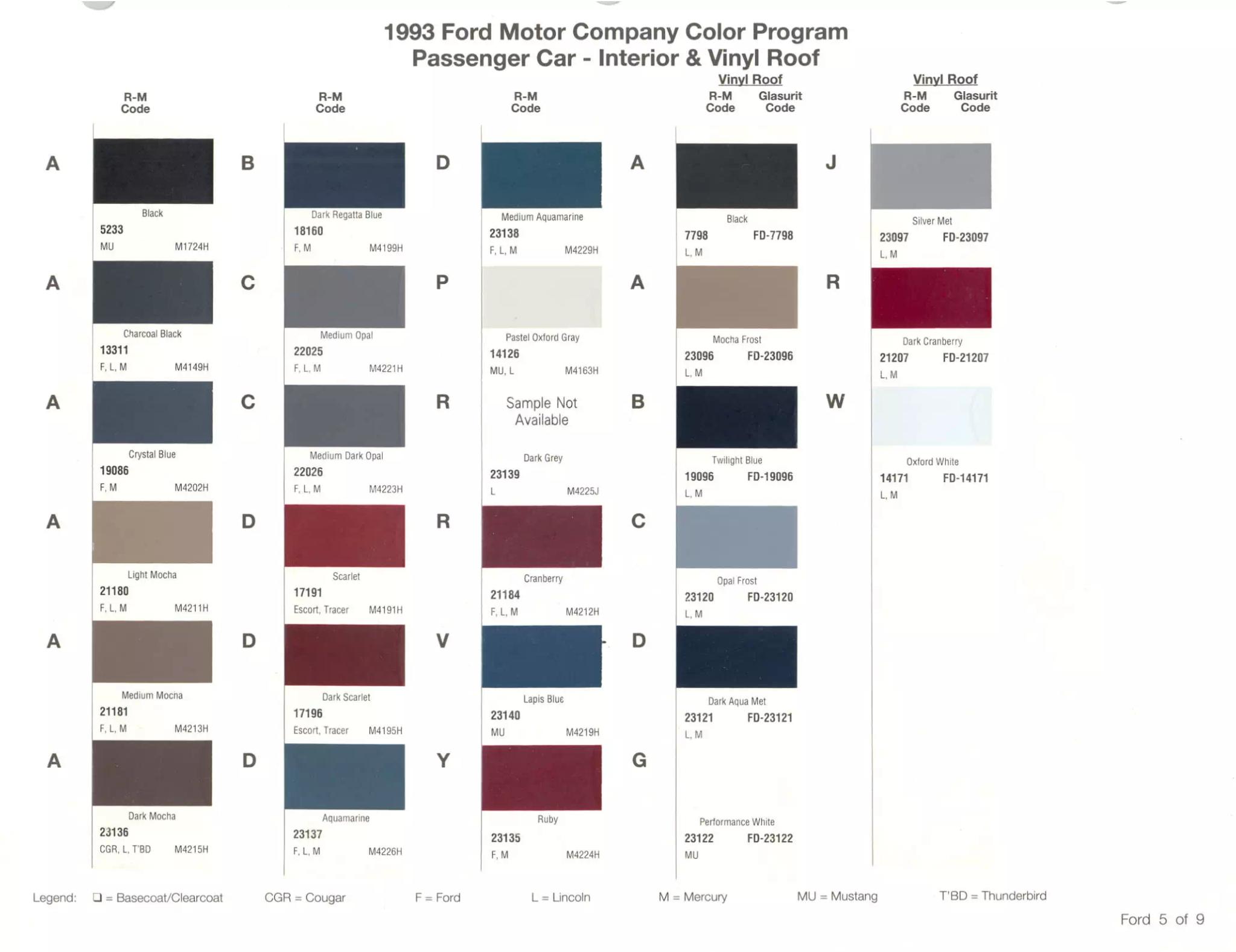 1993 Ford Motor Company Paint Chart and Color Codes
