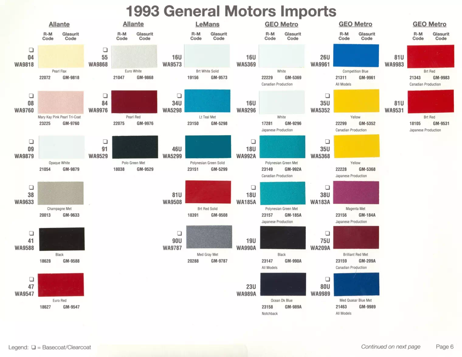 1993 General Motors Imports Paint Codes & Color Chart Paint color examples, their ordering codes, the oem color code, and vehicles the color was used on
