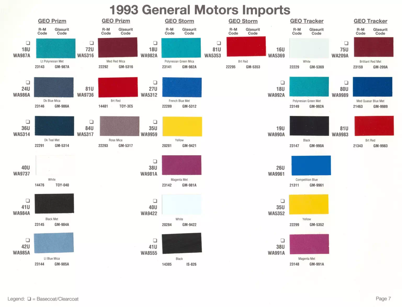 1993 General Motors Imports Paint Codes & Color Chart Paint color examples, their ordering codes, the oem color code, and vehicles the color was used on