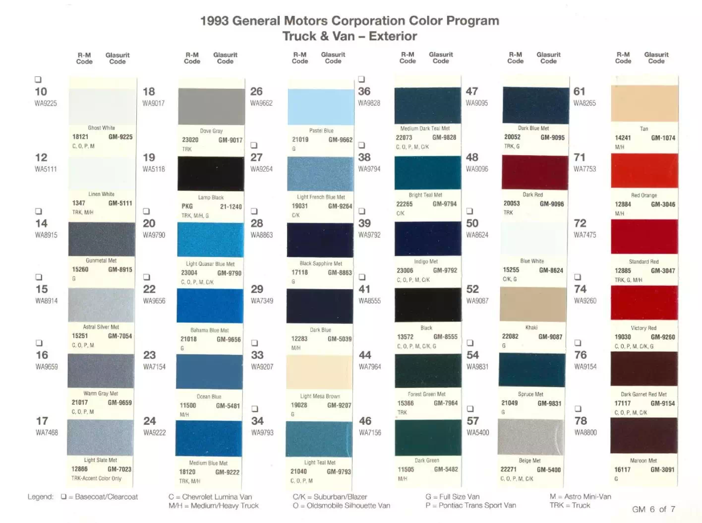 Colors used on General Motors Vehicles and the codes to mix that color