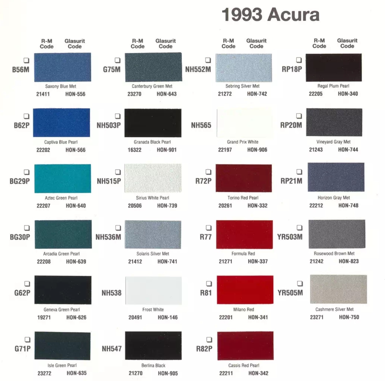 Exterior paint chips and their ordering codes for Honda and Acura Vehicles