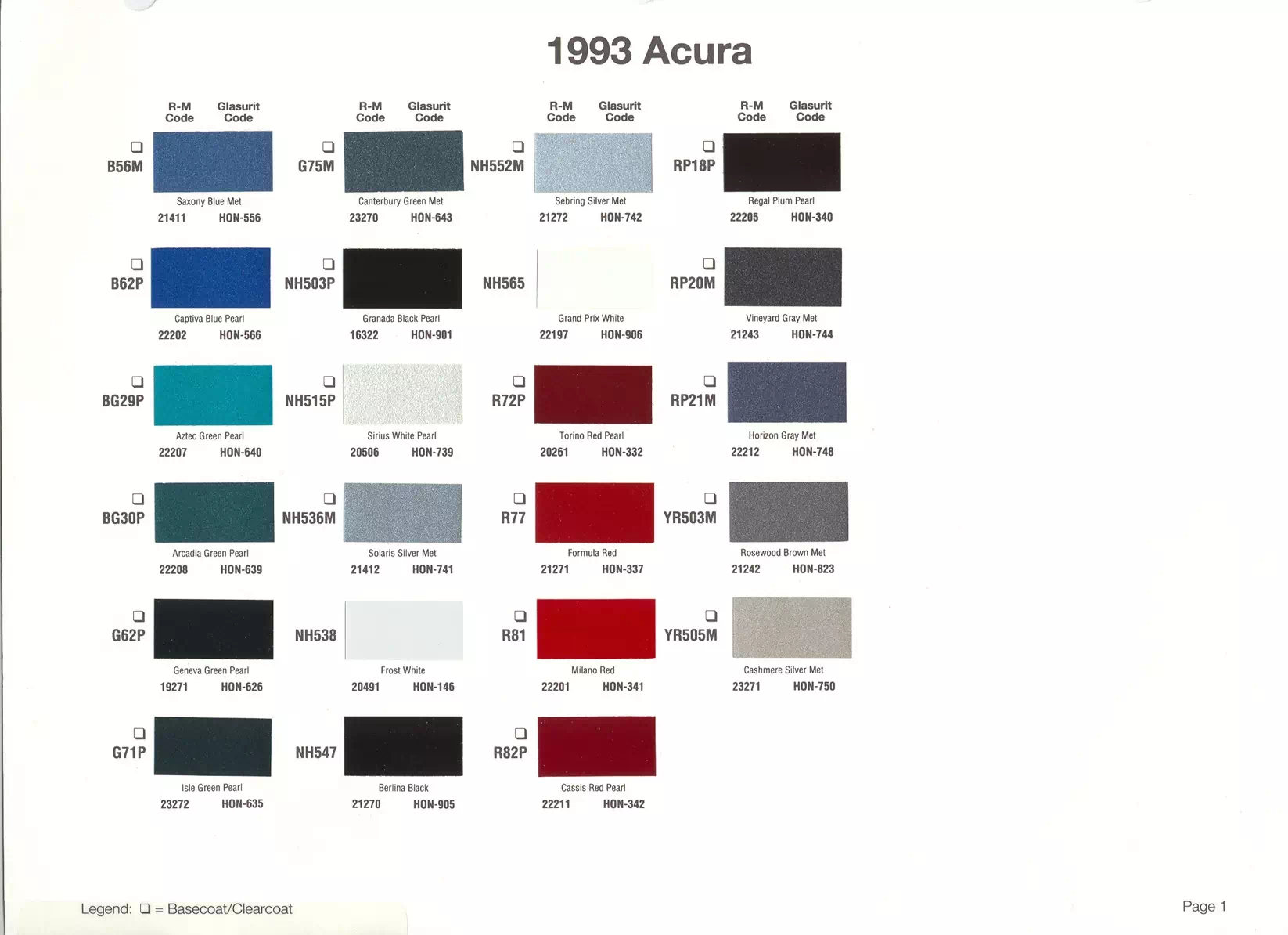 1993 Acura Paint Codes & Color Chart Paint color examples, their ordering codes, the oem color code, and vehicles the color was used on
