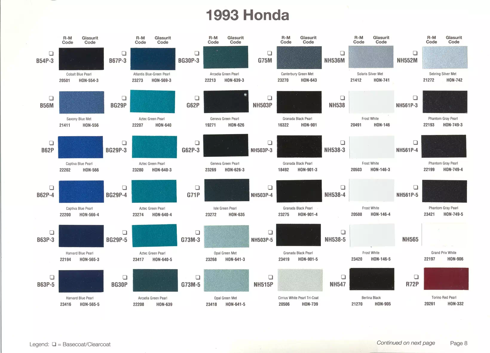 Exterior paint chips and their ordering codes for Honda and Acura Vehicles