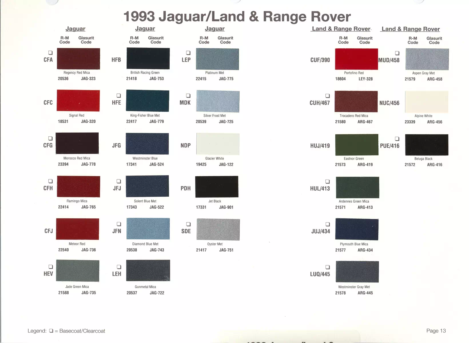 1993 Jaguar & Rover Paint Codes & Color Chart Paint color examples, their ordering codes, the oem color code, and vehicles the color was used on