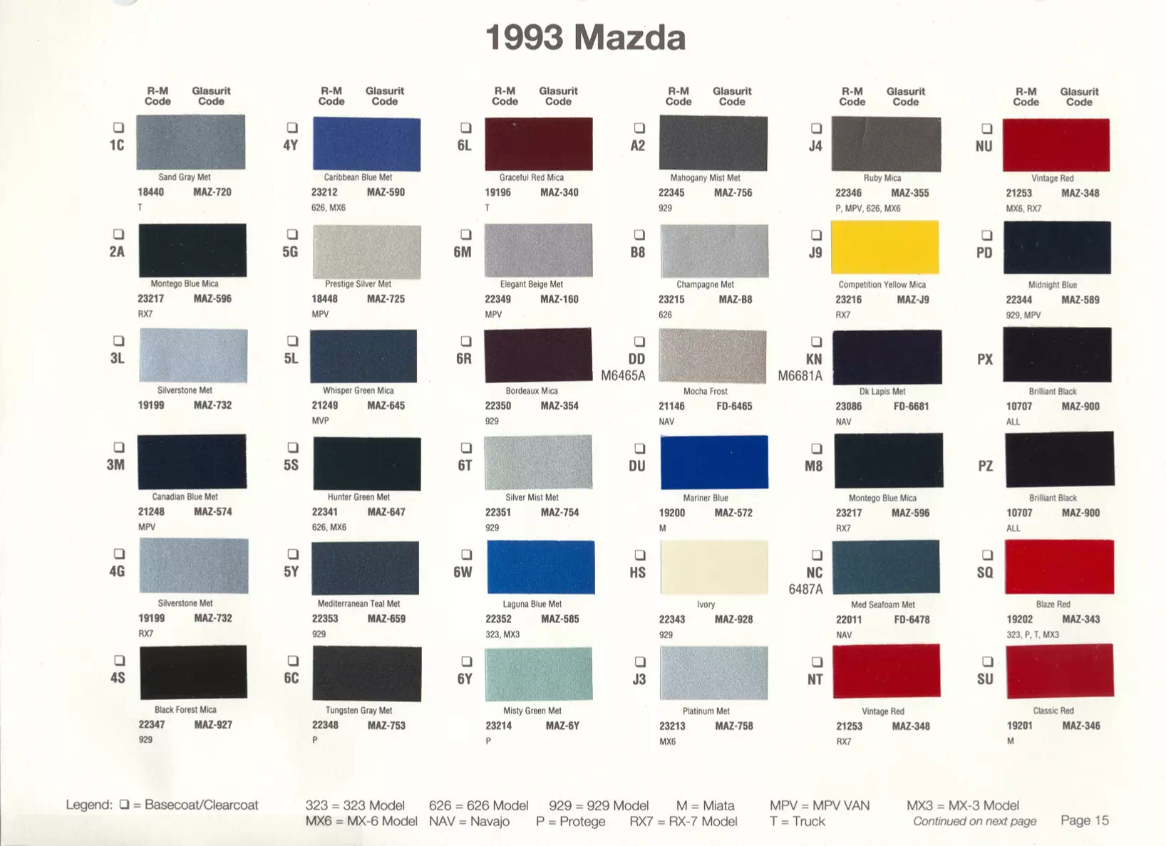1993 Mazda Paint Codes & Color Chart Paint color examples, their ordering codes, the oem color code, and vehicles the color was used on