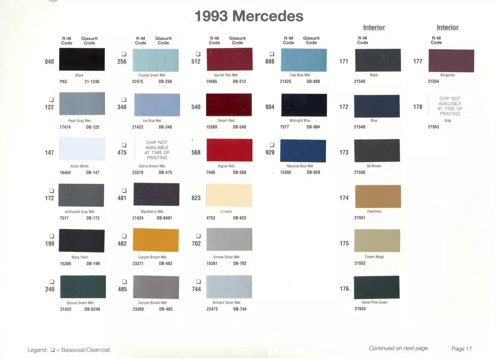 Color swatches that represent colors used on Mercedes Benz automobiles.  Color codes, Paint swatches, Ordering Stock numbers  and Color Names for Mercedes Benz automobiles.