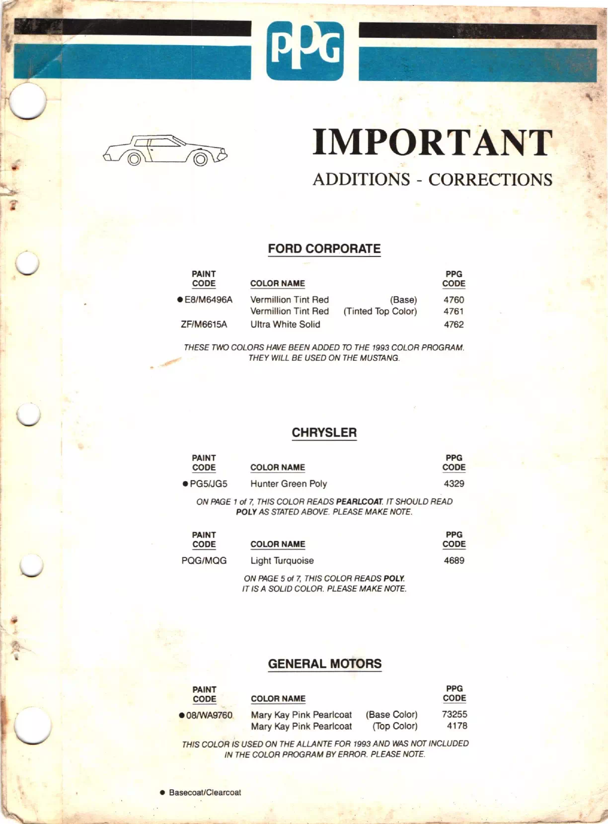 Page 1 Correction and Additions Paint color examples, their ordering codes, the oem color code, and vehicles the color was used on