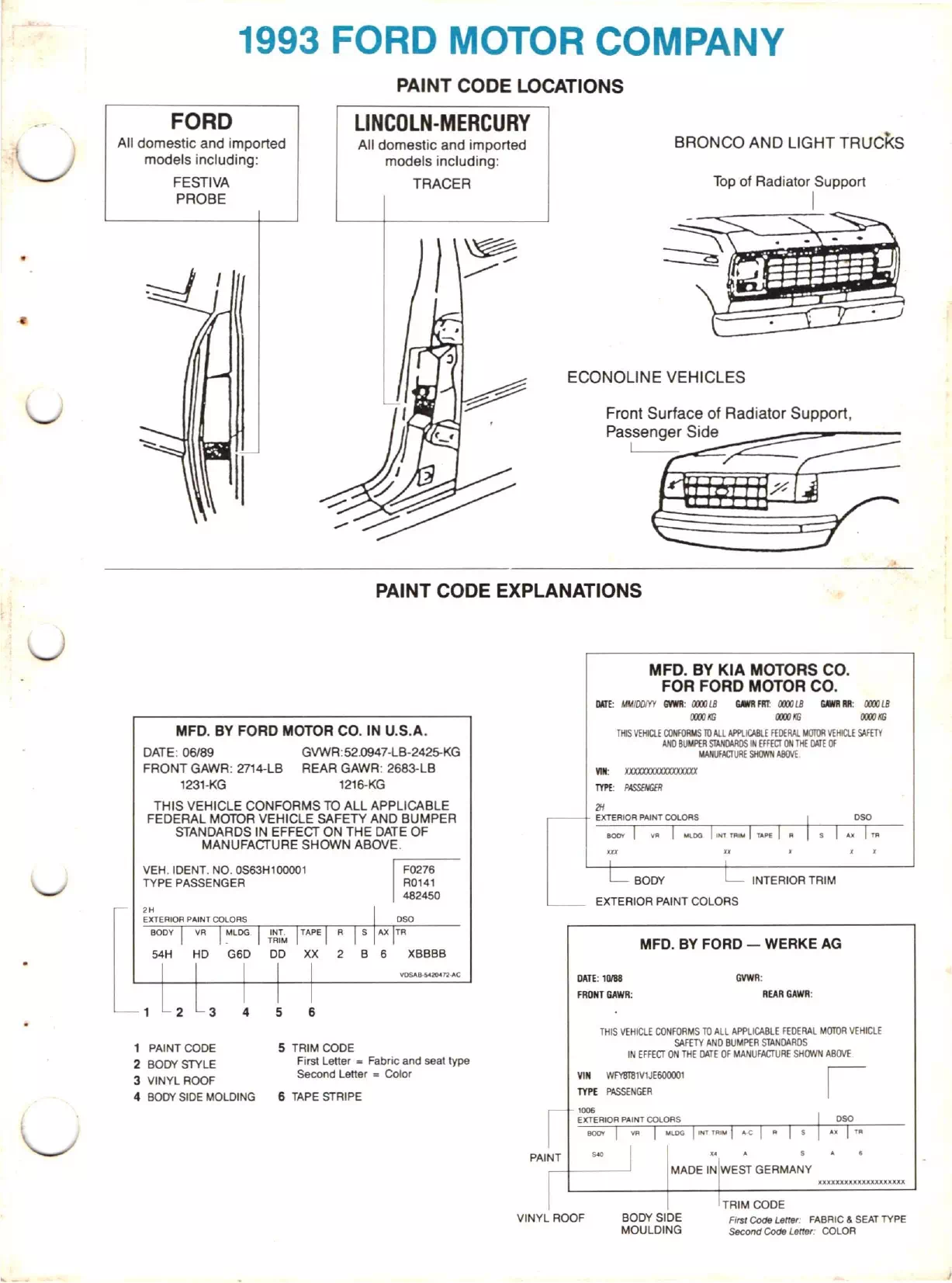 1993 Ford Lincoln and Mercury Paint Code Sticker location guide shows you how to look up your paint code on the factory sticker for 1993 ford lincoln and mercury vehicles