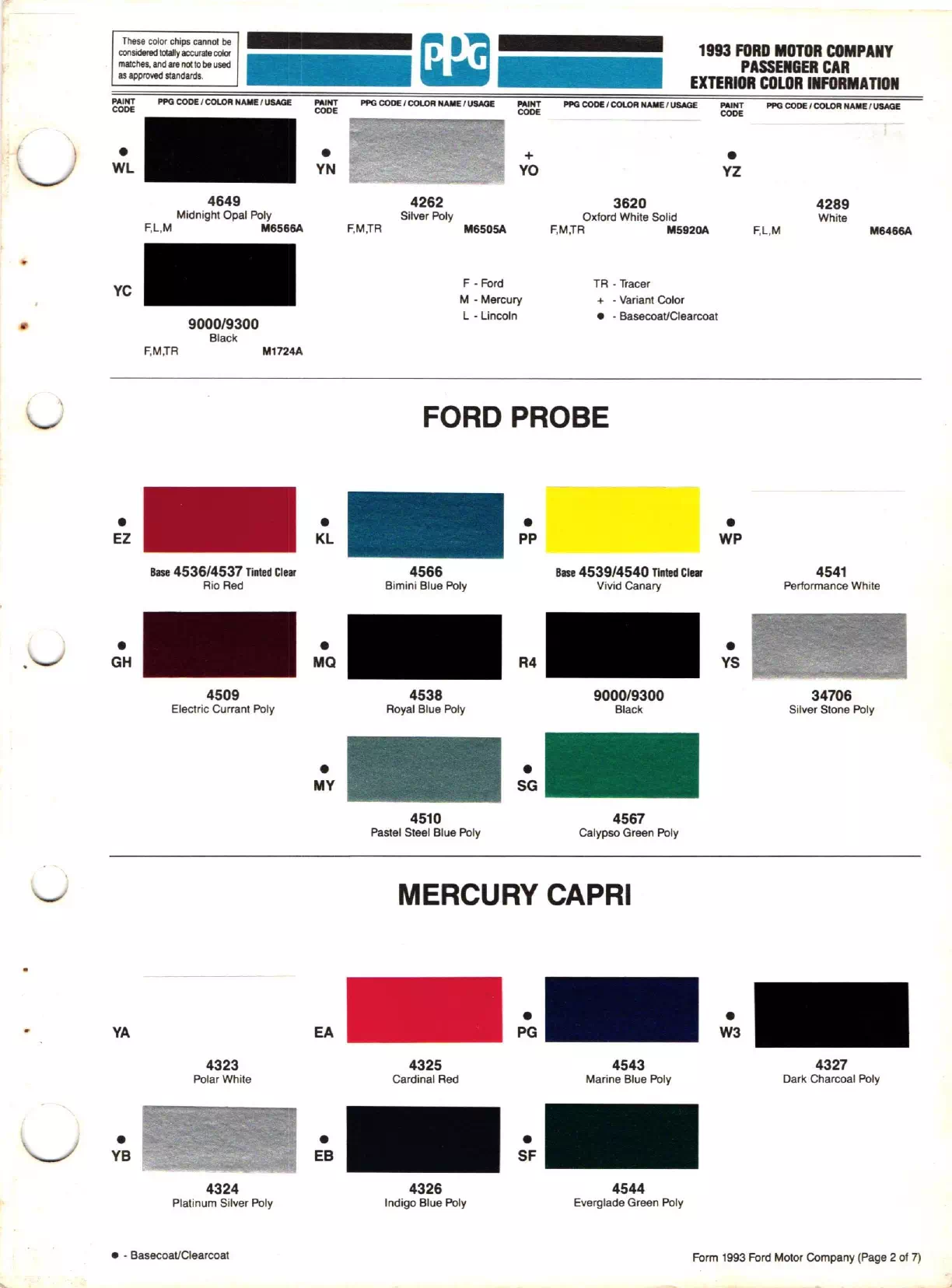 1993 Ford, Lincoln & Mercury Paint Codes & Color Chart Paint color examples, their ordering codes, the oem color code, and vehicles the color was used on