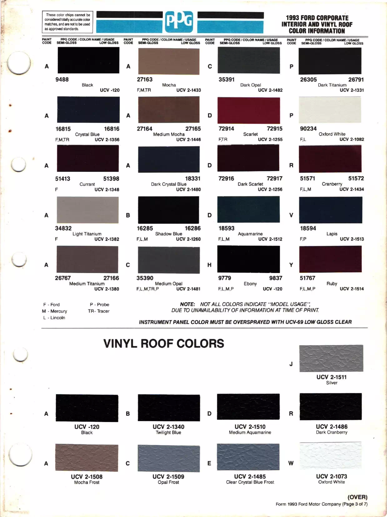1993 Ford, Lincoln & Mercury Paint Codes & Color Chart Paint color examples, their ordering codes, the oem color code, and vehicles the color was used on