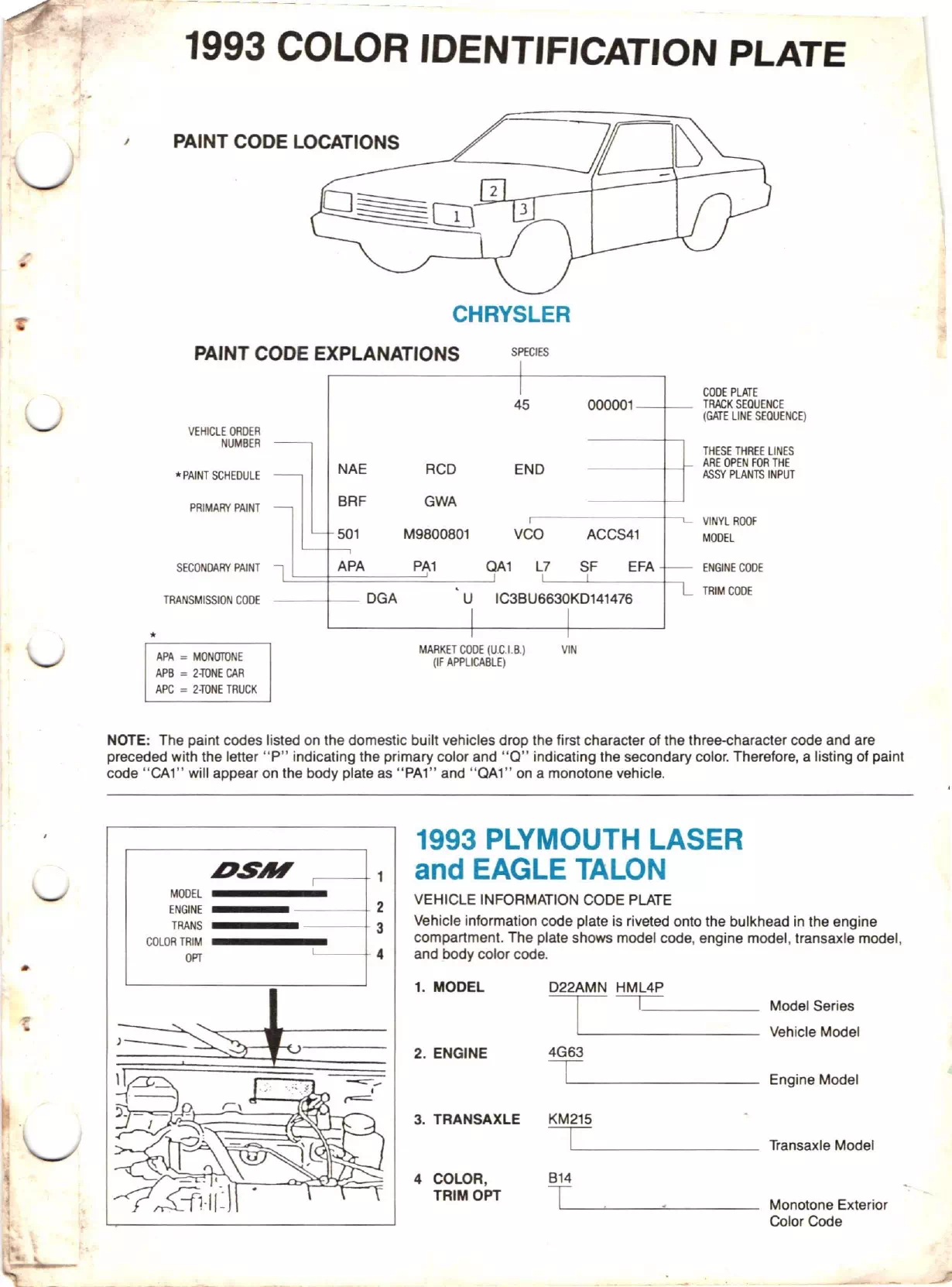 shows you how to look up your paint code on the factory sticker for 1993 Chrysler Dodge Jeep and Plymouth vehicles