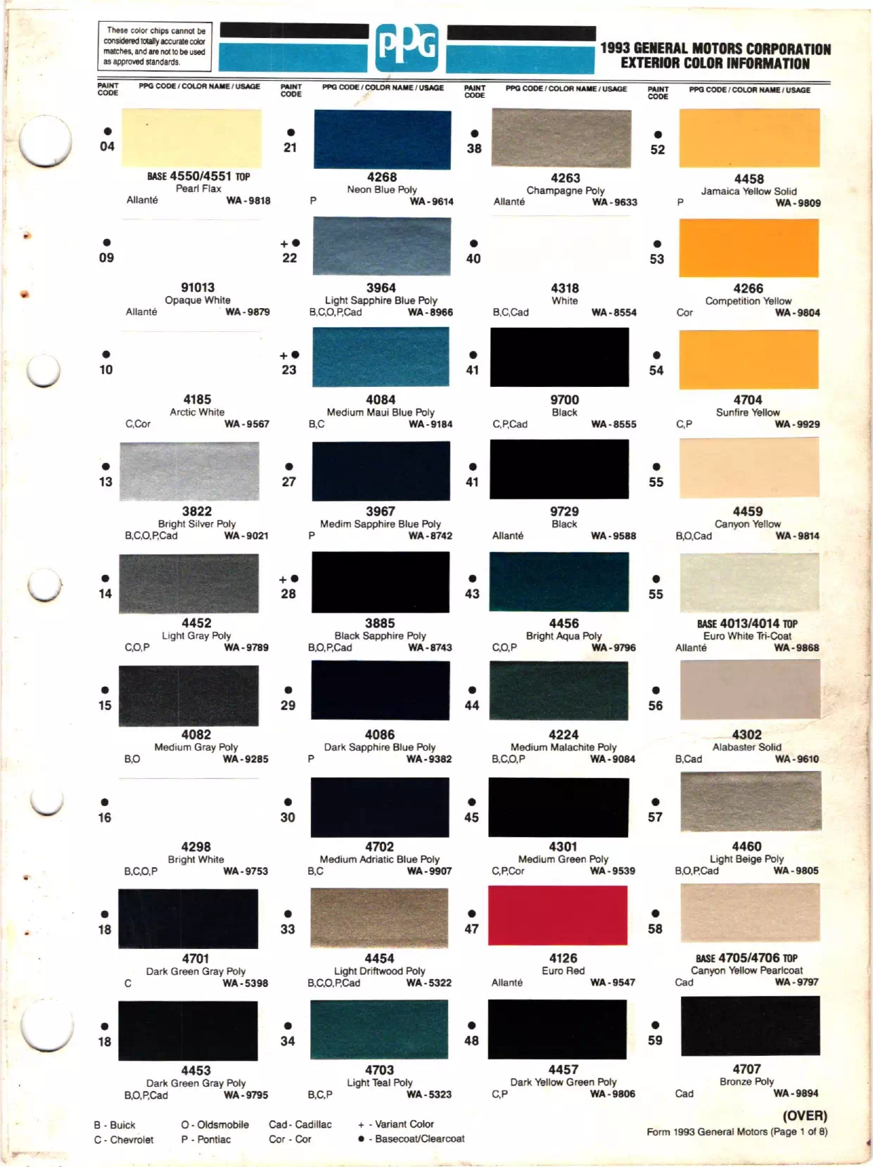 1993 GM, Buick, Chevrolet, Oldsmobile, Saturn, GMC, Pontiac Paint Codes and Color Charts Paint color examples, their ordering codes, the oem color code, and vehicles the color was used on