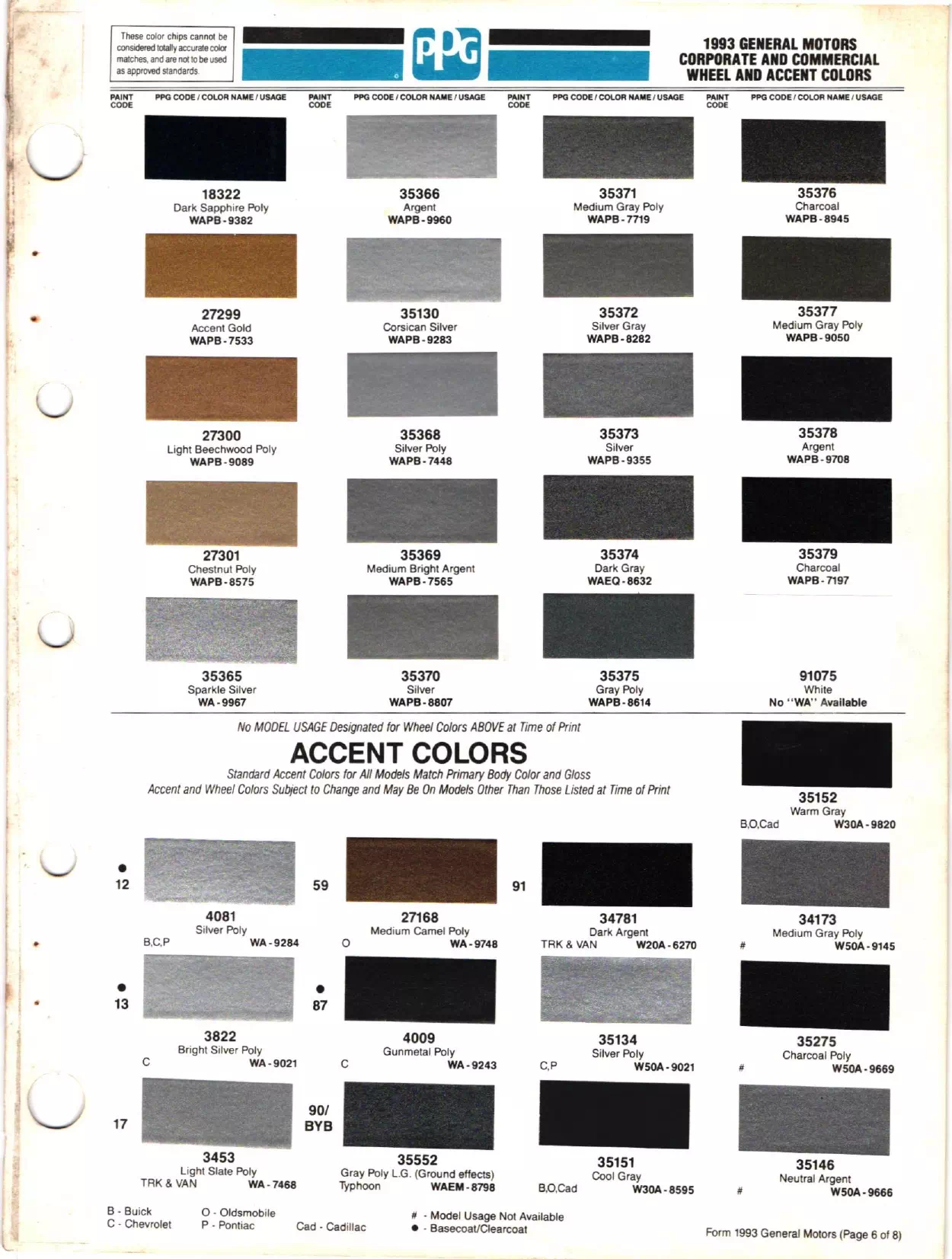 1993 GM, Buick, Chevrolet, Oldsmobile, Saturn, GMC, Pontiac Paint Codes and Color Charts Paint color examples, their ordering codes, the oem color code, and vehicles the color was used on