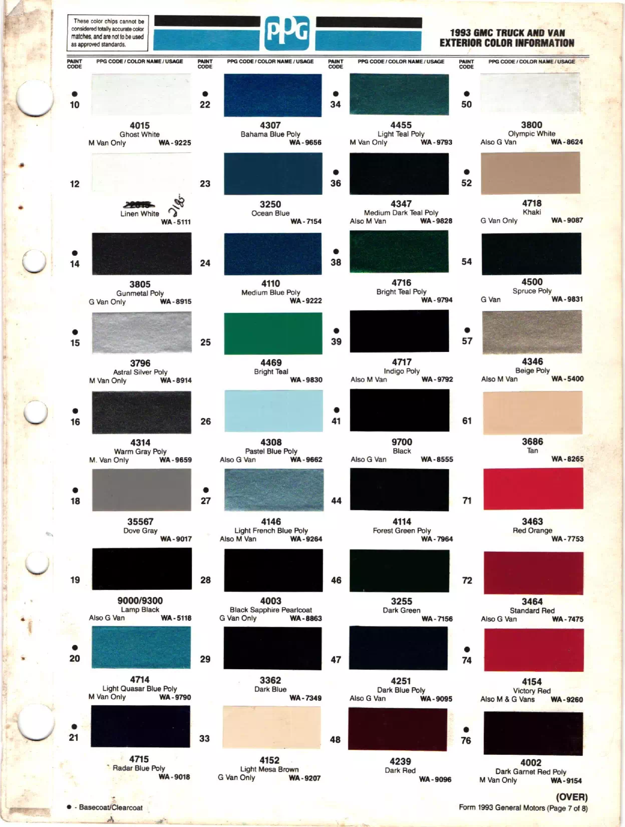 1993 GM, Buick, Chevrolet, Oldsmobile, Saturn, GMC, Pontiac Paint Codes and Color Charts Paint color examples, their ordering codes, the oem color code, and vehicles the color was used on