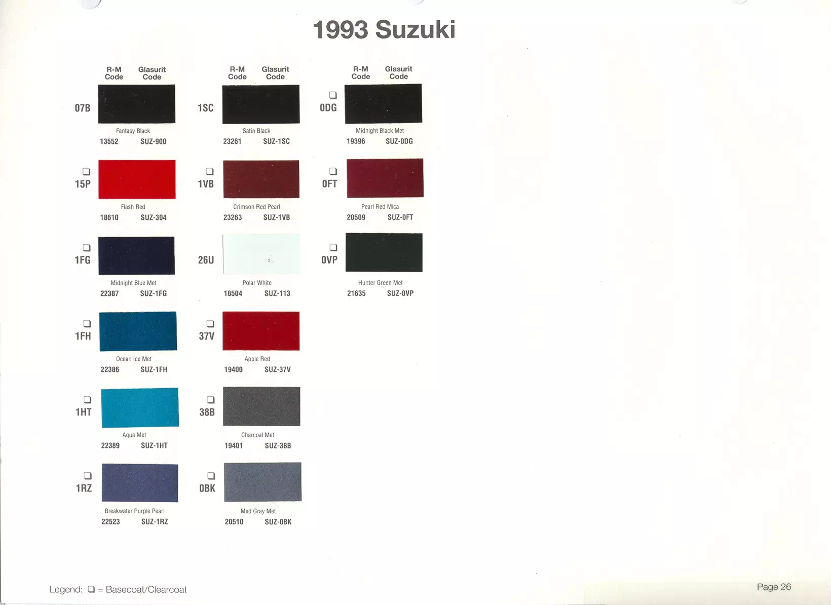 1993 Suzuki Paint Codes & Color Chart Paint color examples, their ordering codes, the oem color code, and vehicles the color was used on