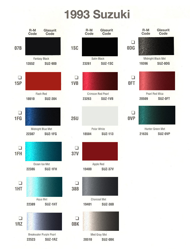 1993 Suzuki Paint Colors and Color Codes Paint Codes
