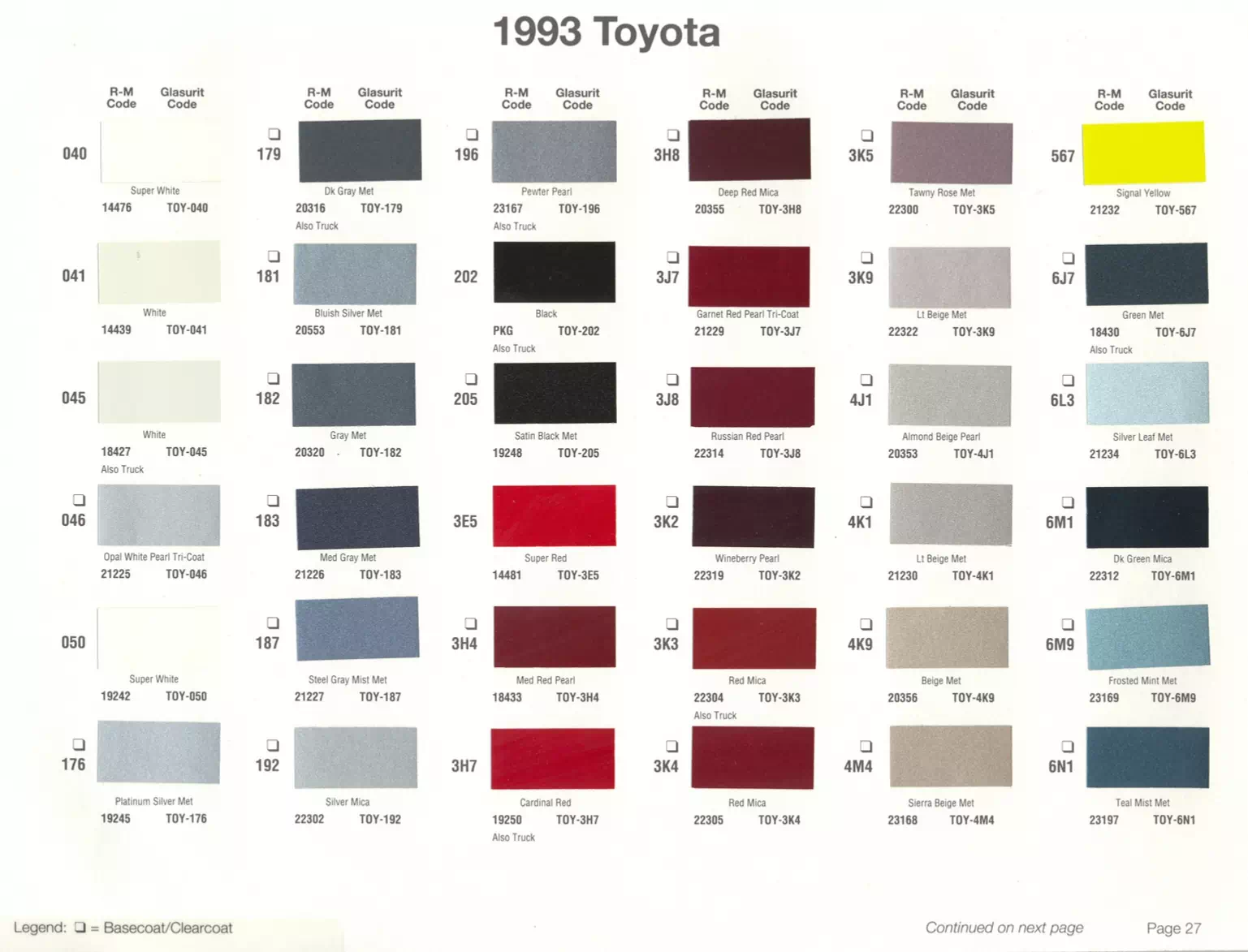 1993 Toyota & Lexus Paint Codes & Color Chart Paint color examples, their ordering codes, the oem color code, and vehicles the color was used on