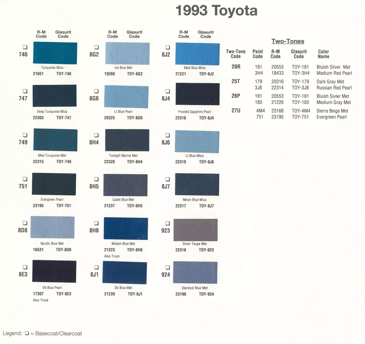 1993 Toyota & Lexus Paint Codes & Color Chart Paint color examples, their ordering codes, the oem color code, and vehicles the color was used on