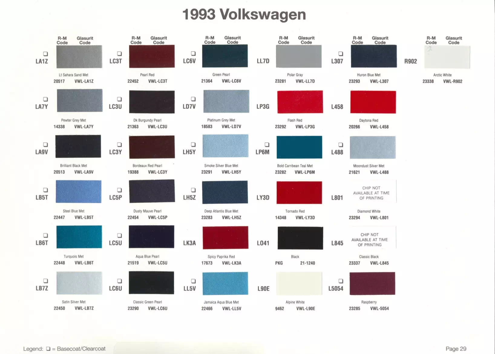 1993 Volkswagen & Audi Paint Codes & Color Chart Paint color examples, their ordering codes, the oem color code, and vehicles the color was used on