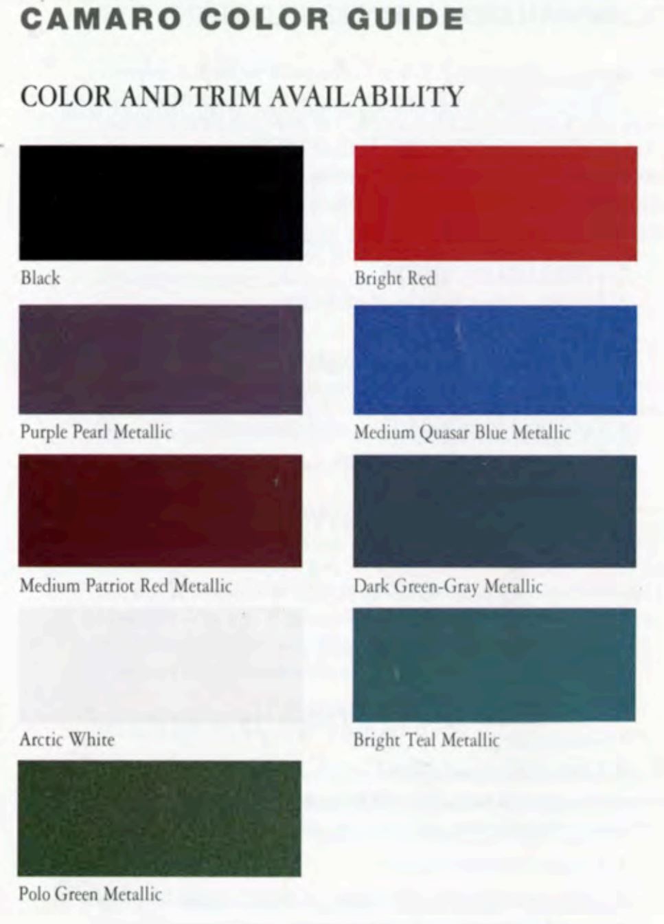 1994 Chevrolet Camaro Color Chart Color Pallet