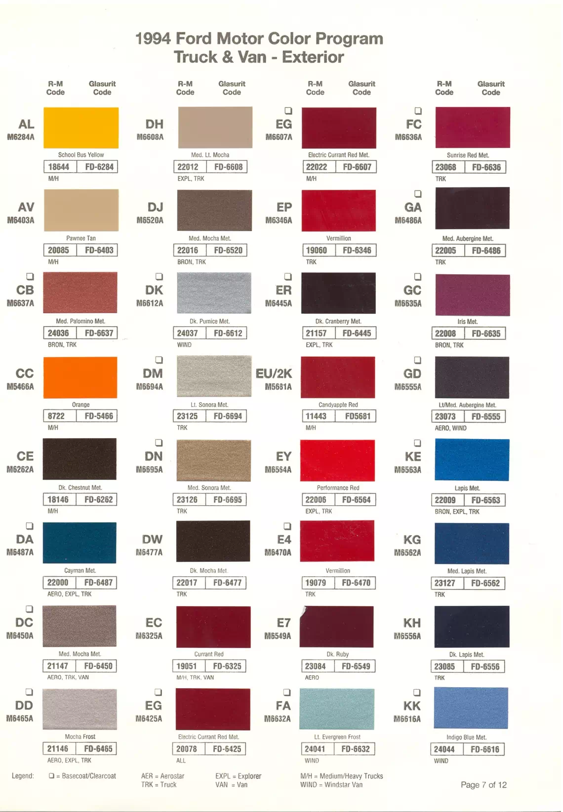 1994 Ford Truck & Van Paint Codes & Color Chart