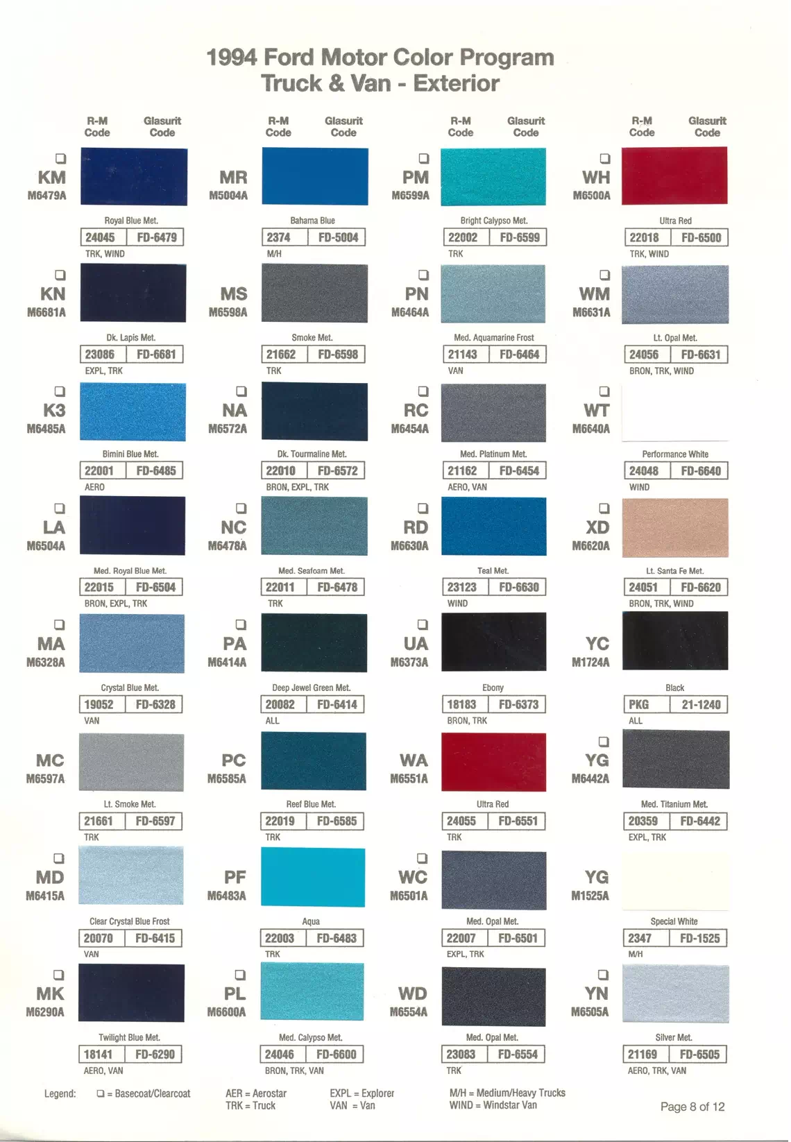 1994 Ford Truck & Van Paint Codes & Color Chart