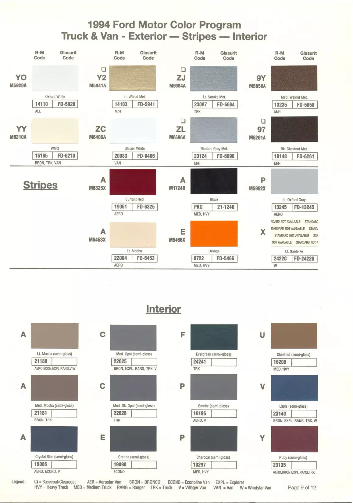 1994 Ford Truck & Van Stripes & Interior Paint Codes & Color Chart