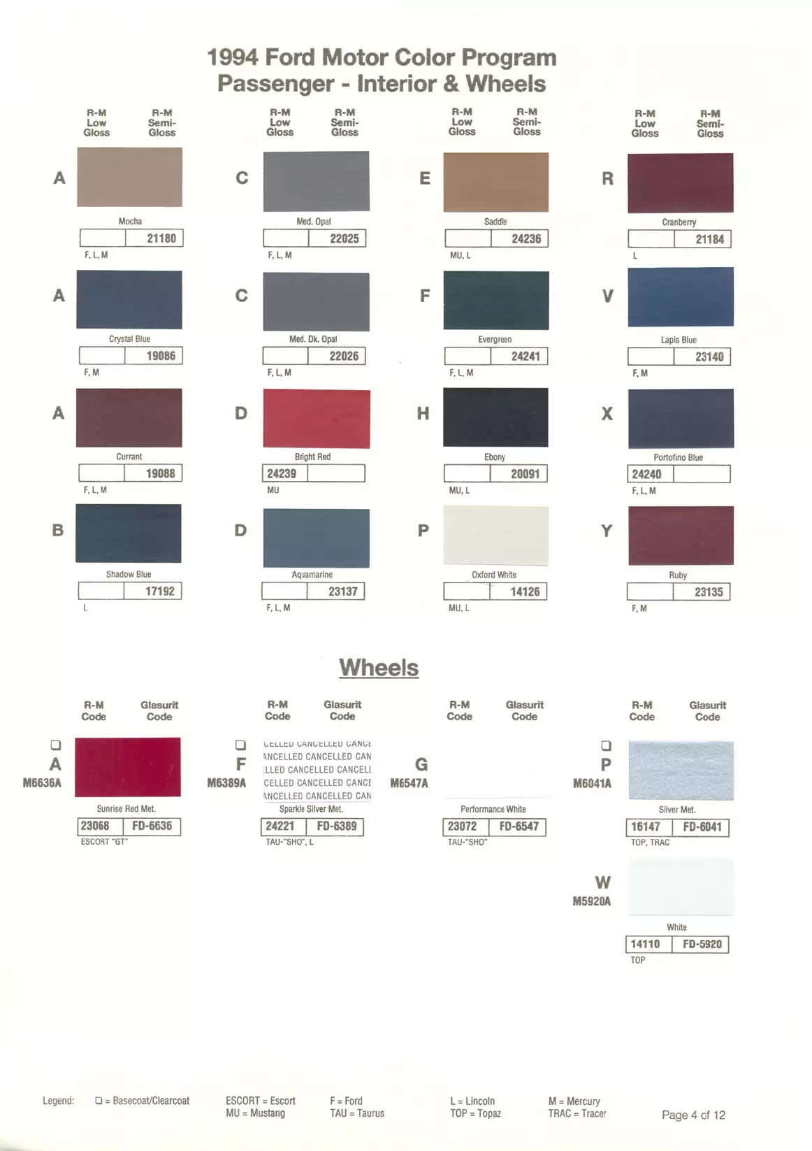 1994 Ford, Lincoln & Mercury Paint Codes & Color Chart