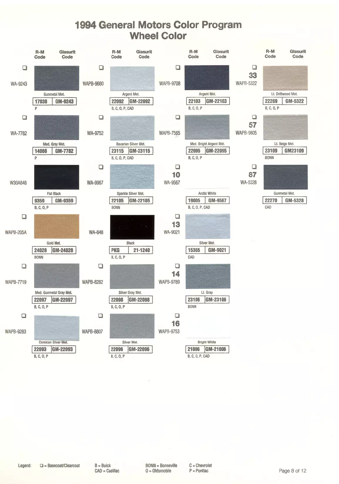 1994 General Motors Wheel Paint Codes & Color Chart