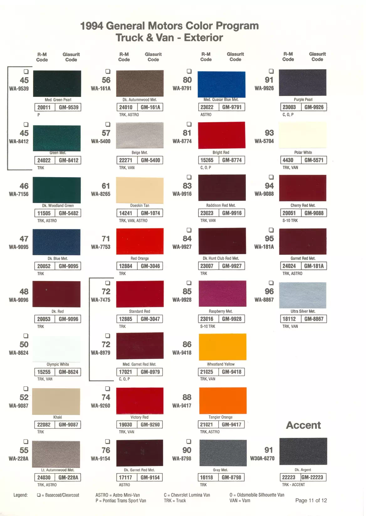 1994 General Motors Truck & Van Exterior Paint Codes & Color Chart