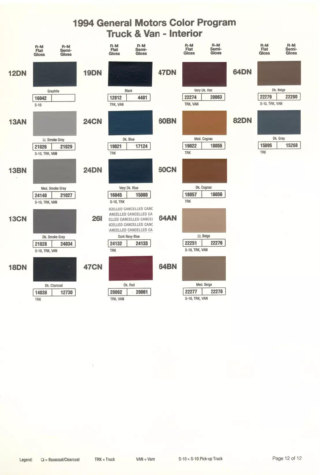 1994 General Motors Truck & Van Interior Paint Codes & Color Chart