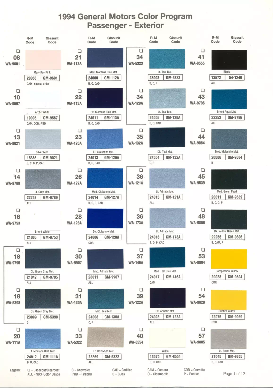 1994 General Motors Car Paint Codes & Color Chart