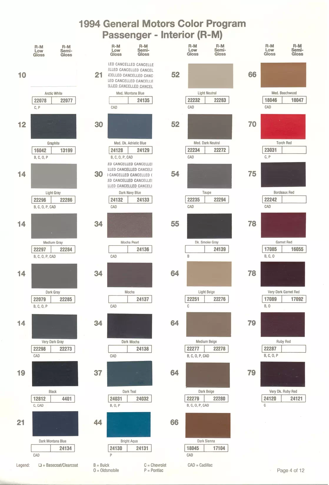 1994 General Motors Car Paint Codes & Color Chart