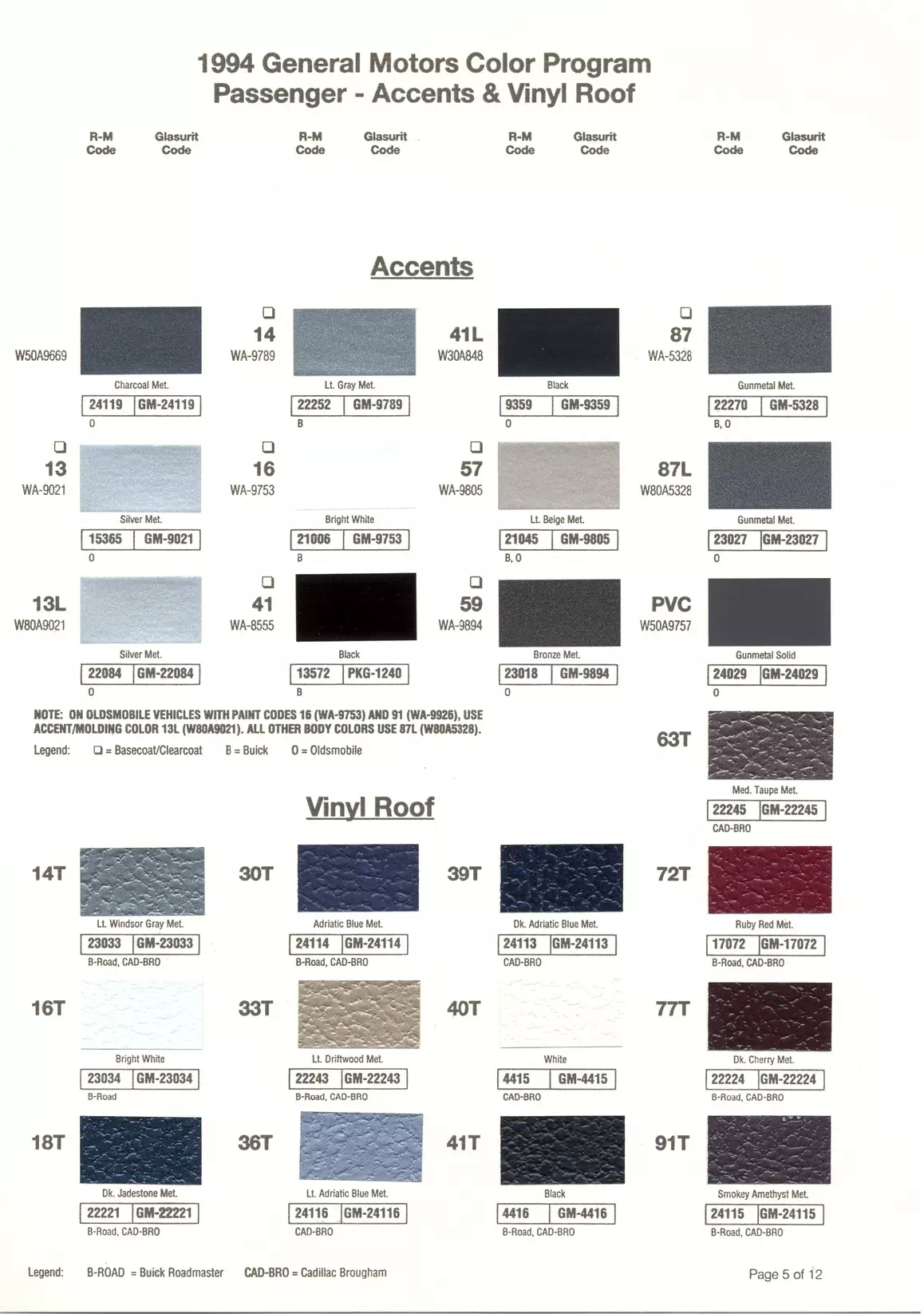 1994 General Motors Accent & Vinyl Roof Paint Codes & Color Chart