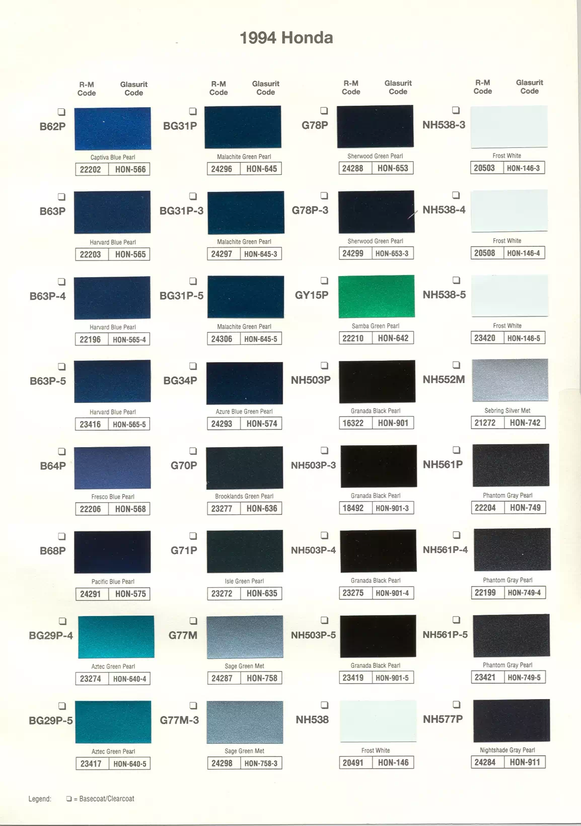 Exterior paint chips and their ordering codes for Honda and Acura Vehicles