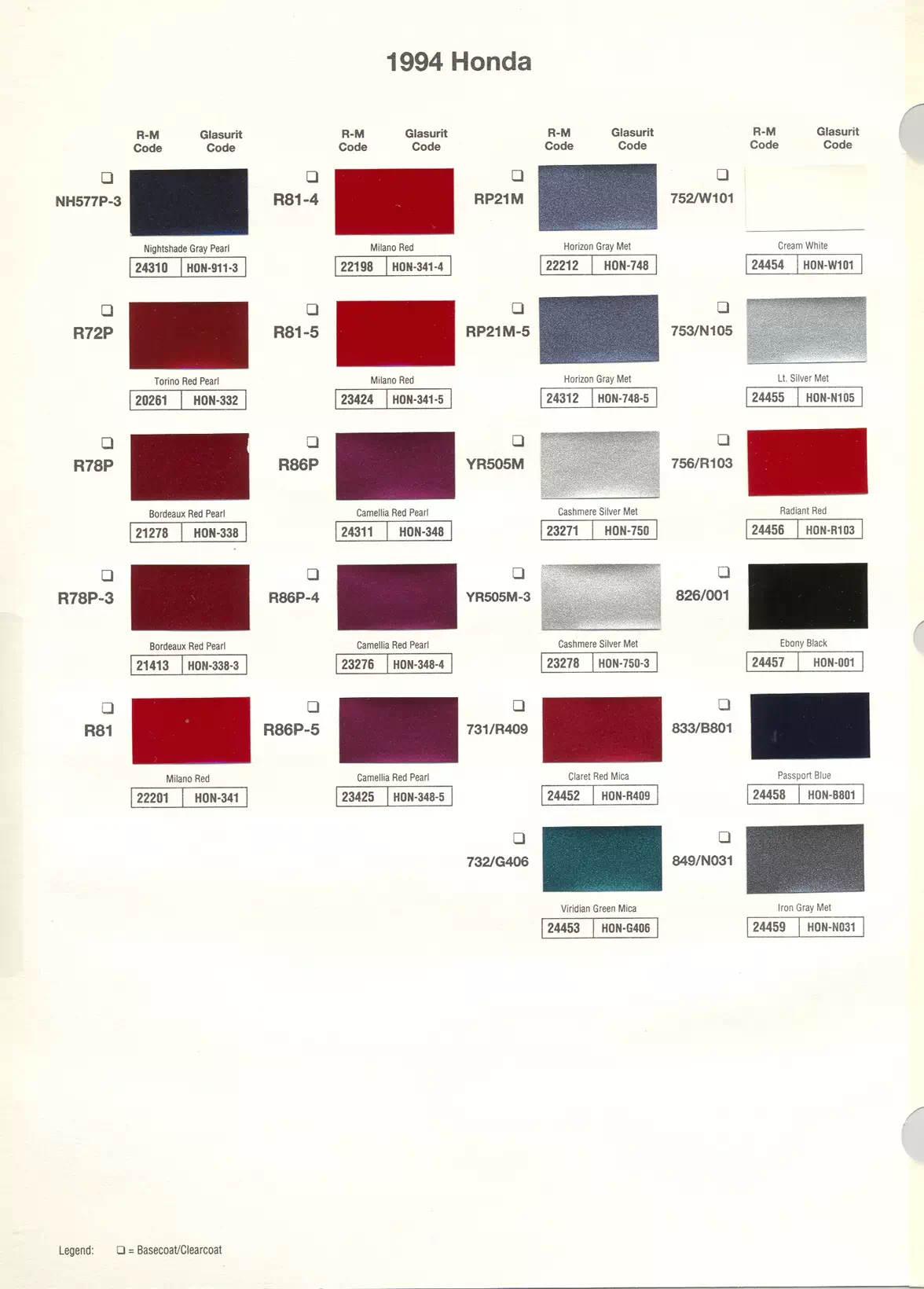 Exterior paint chips and their ordering codes for Honda and Acura Vehicles