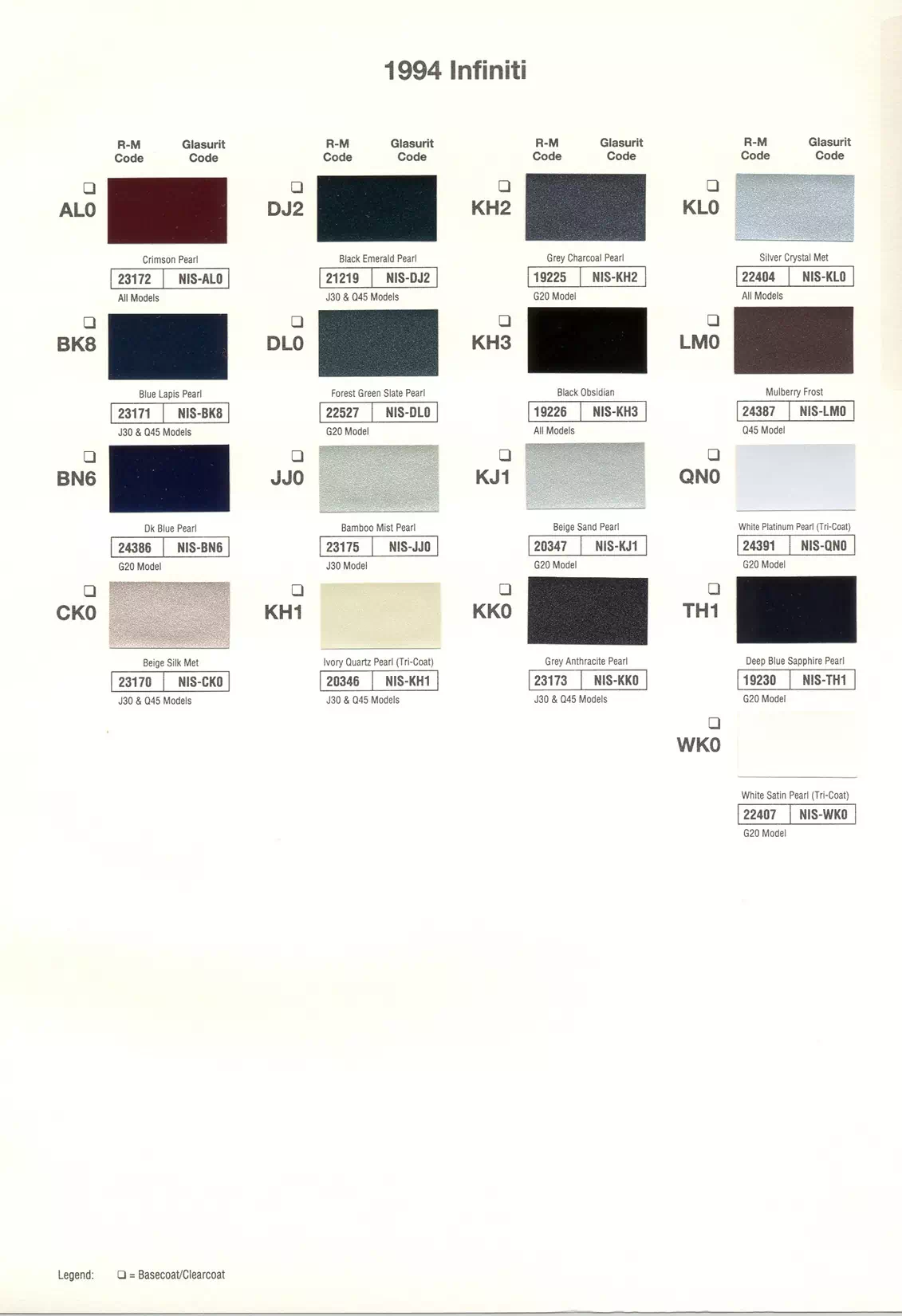 1994 Nissan & Infiniti Paint Codes & Charts Exterior paint colors for Nissan and Infiniti vehicles and their ordering codes and stock numbers