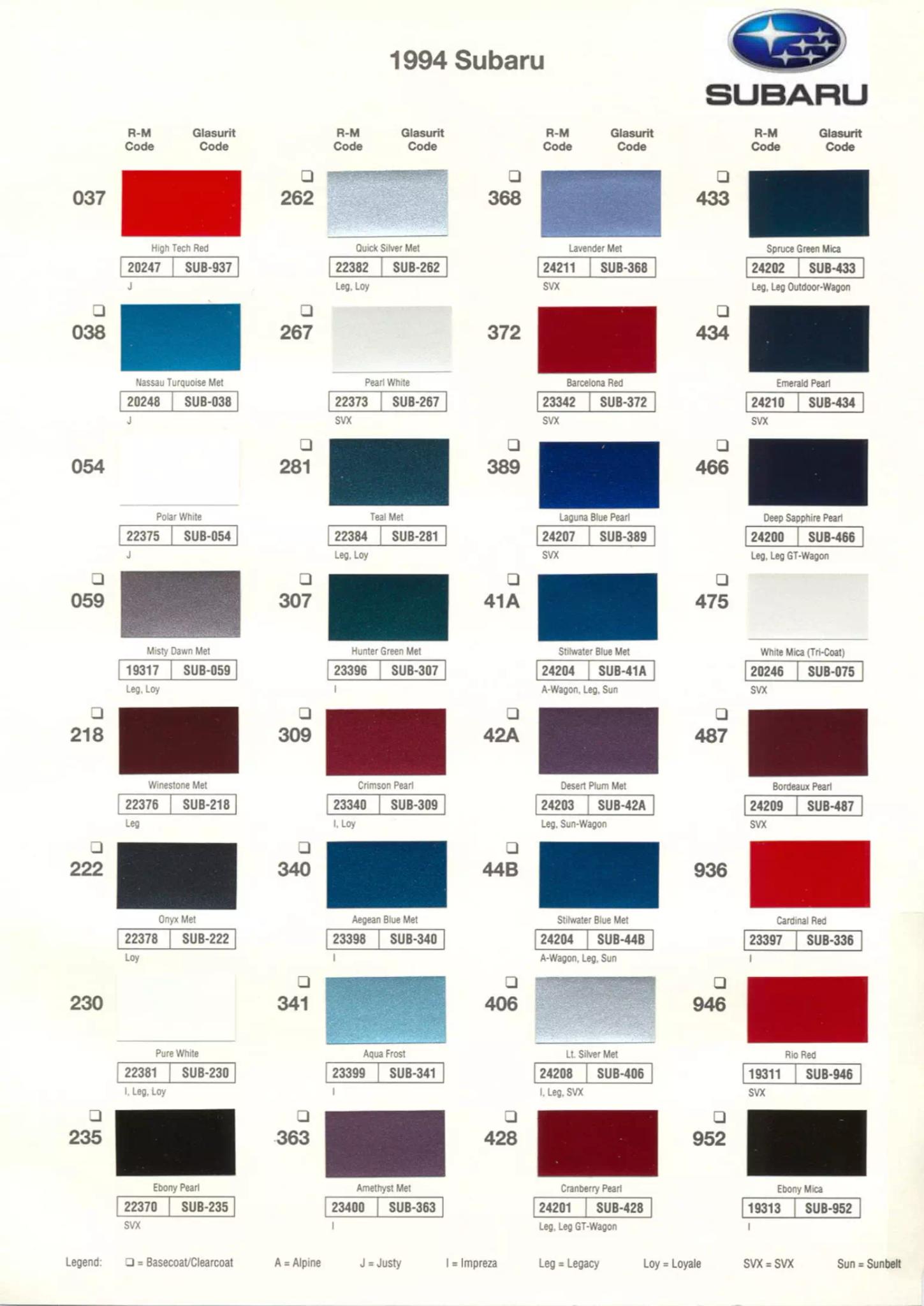1994 Subaru Paint Chart and Color Codes Paint Color and Codes Used By Subaru