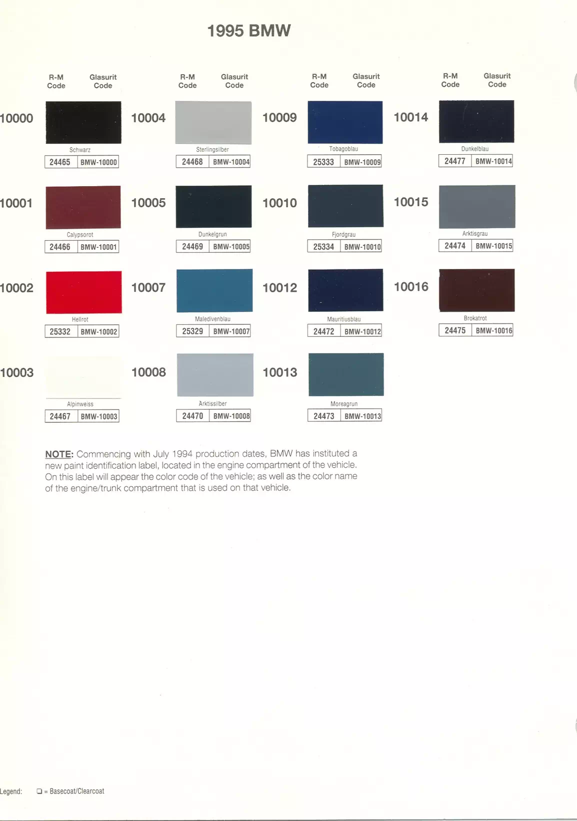 1995 BMW Paint Codes & Color Chart Paint color examples, their ordering codes, the oem color code, and vehicles the color was used on