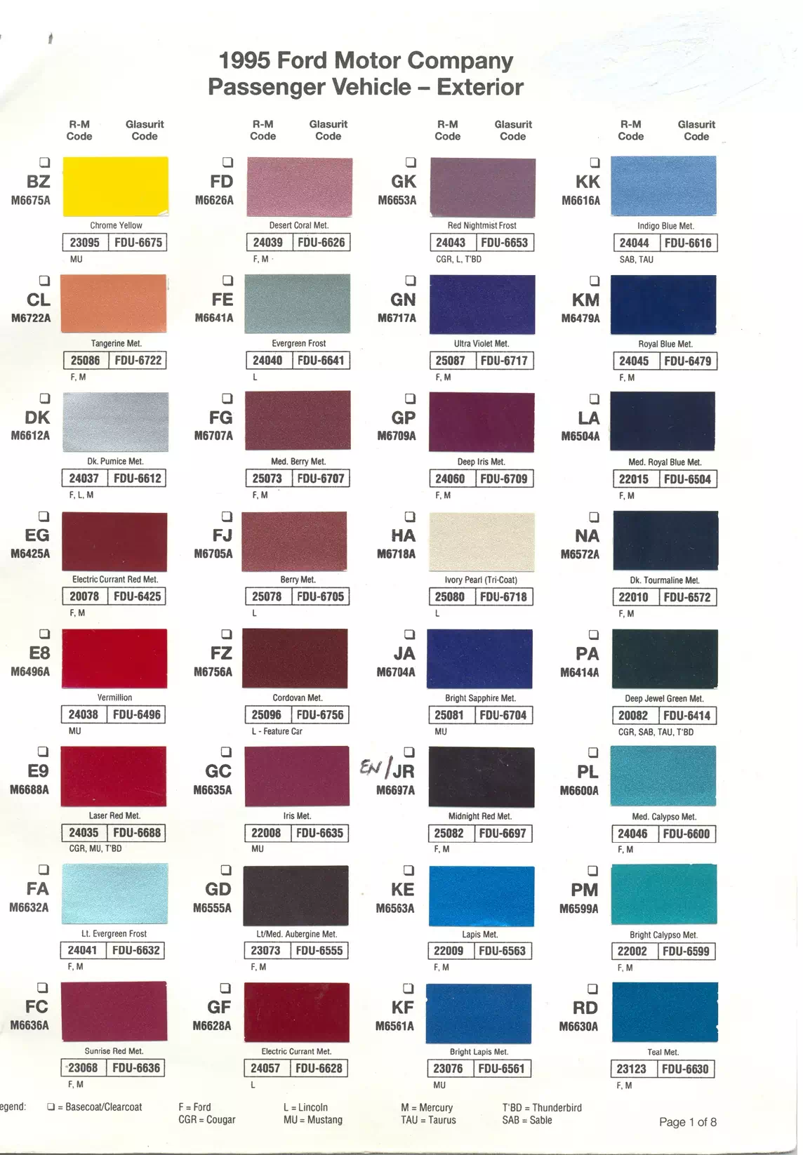 1995 Ford, Lincoln & Mercury Paint Codes & Color Chart Paint color examples, their ordering codes, the oem color code, and vehicles the color was used on