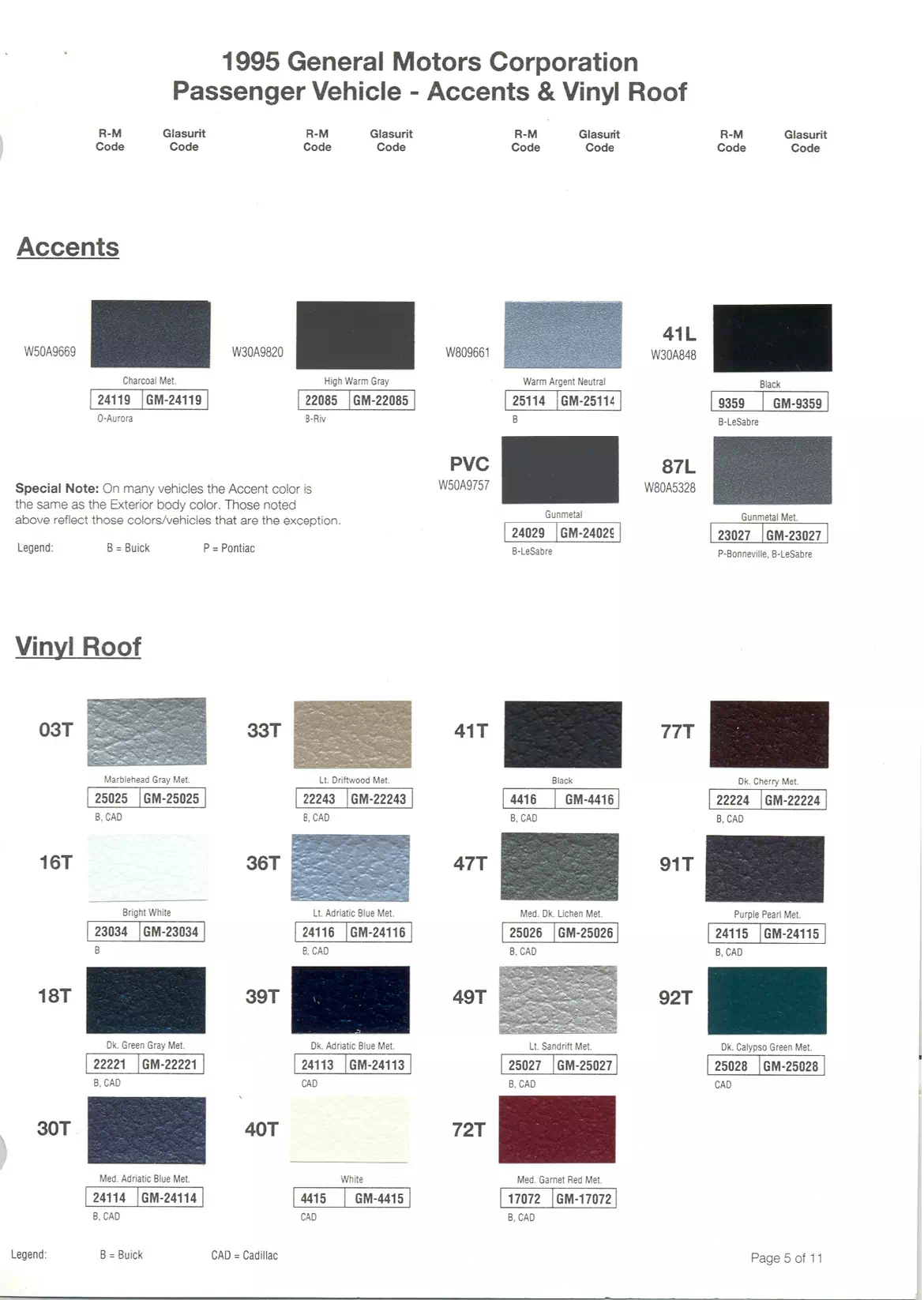 1995 General Motors Accent & Vinyl Roof Paint Codes & Color Chart Paint color examples, their ordering codes, the oem color code, and vehicles the color was used on