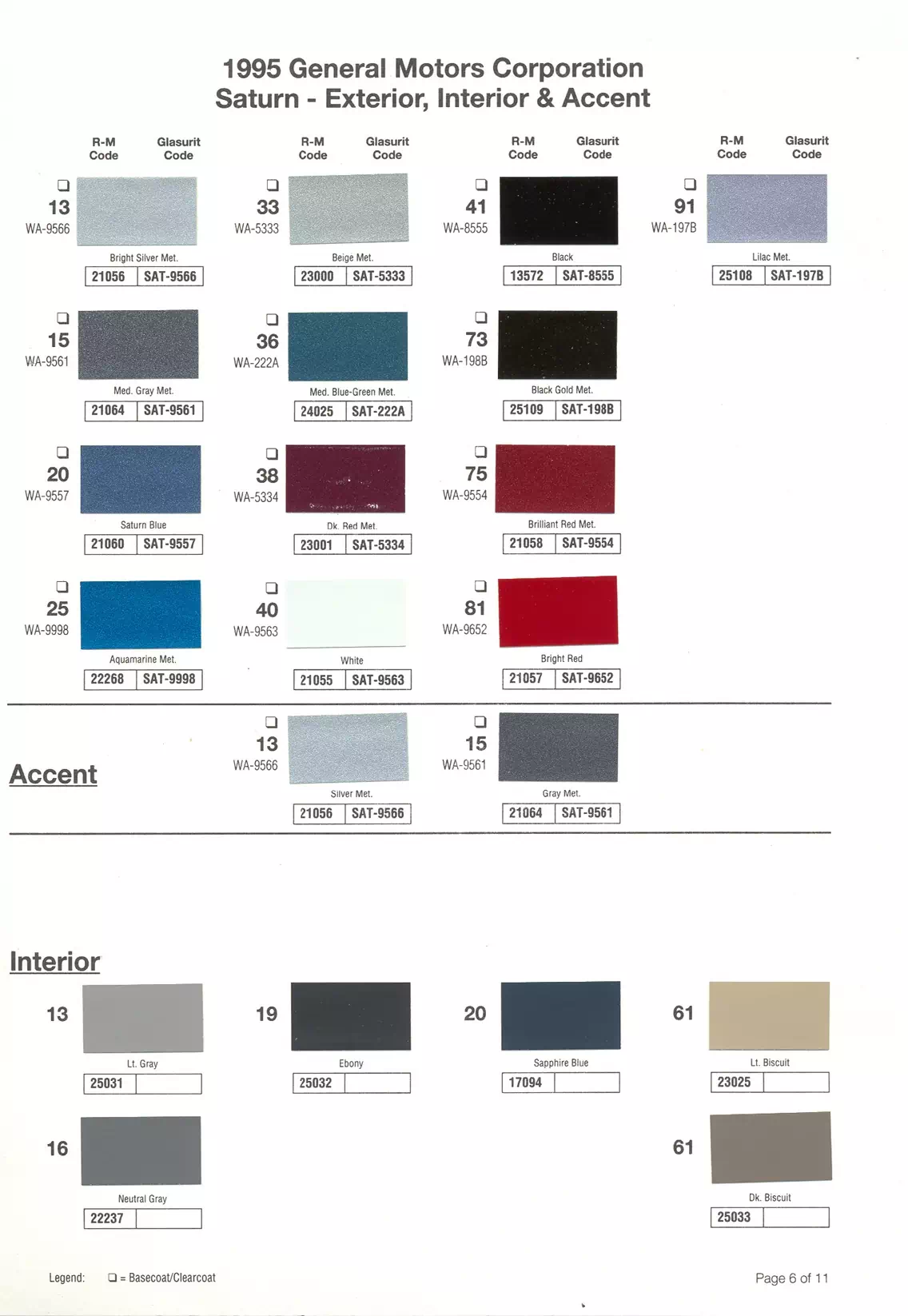 1995 Saturn Accent, Exterior & Vinyl Roof Paint Codes & Color Chart Paint color examples, their ordering codes, the oem color code, and vehicles the color was used on