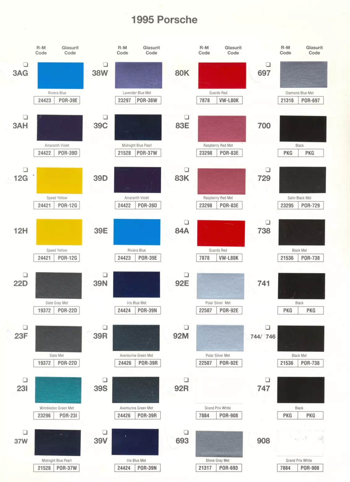 1995 Porsche Paint Codes & Color Chart Paint color examples, their ordering codes, the oem color code, and vehicles the color was used on