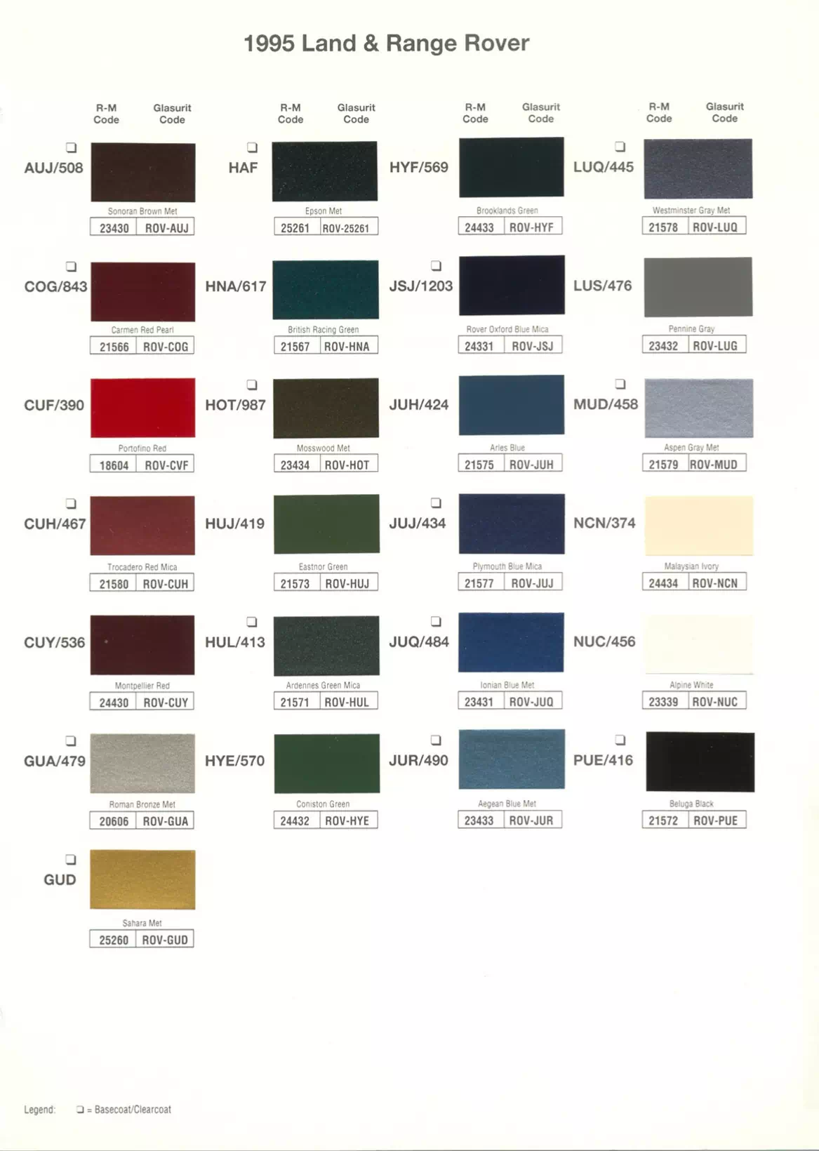 1995 MG Land & Range Rover Paint Codes & Color Chart Paint color examples, their ordering codes, the oem color code, and vehicles the color was used on