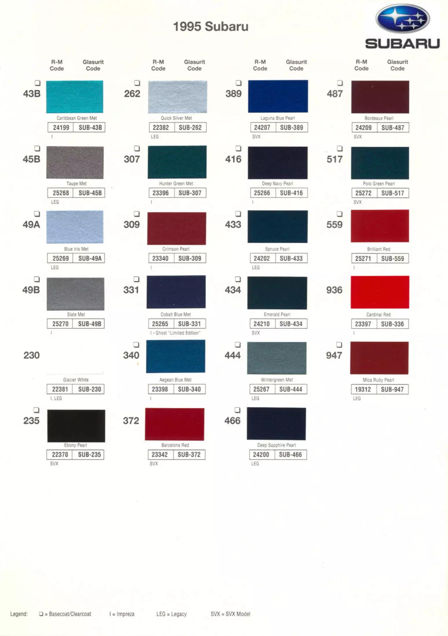 1995 Subaru Paint Chart1999 Subaru Paint Chart and Color Codes Paint Color and Codes Used By Subaru