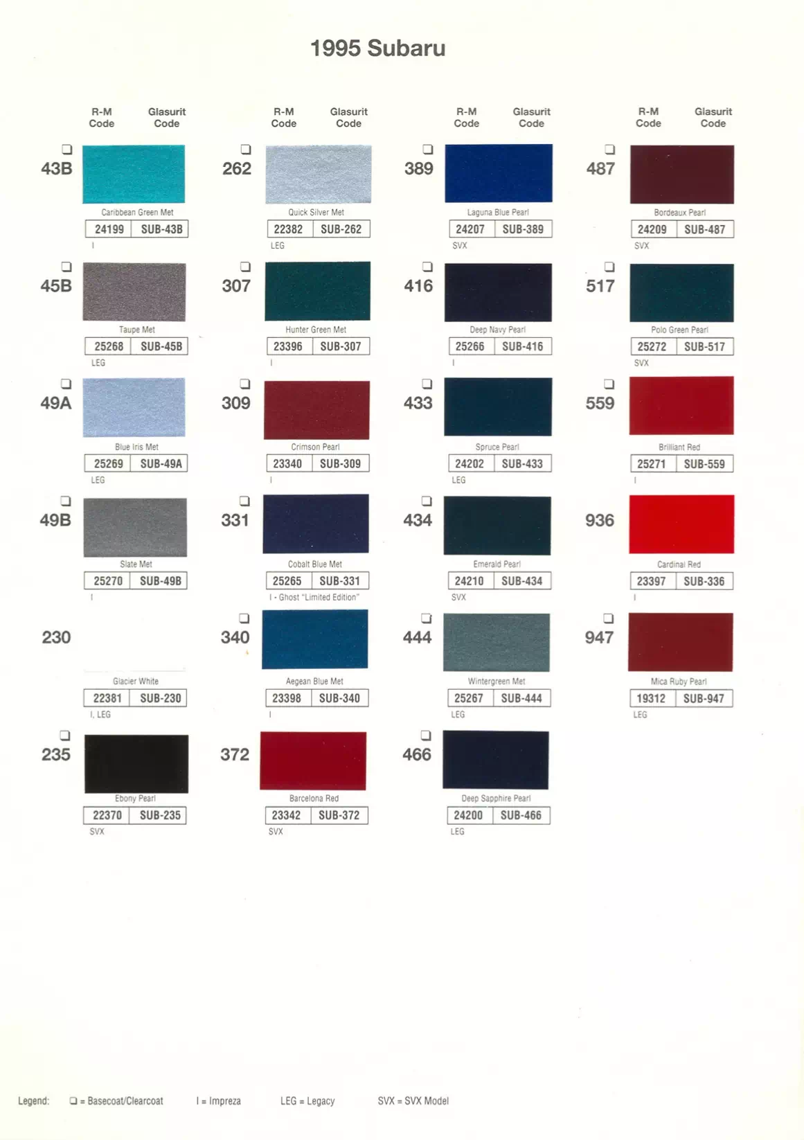 1995 Subaru Paint Codes & Color Chart Paint color examples, their ordering codes, the oem color code, and vehicles the color was used on